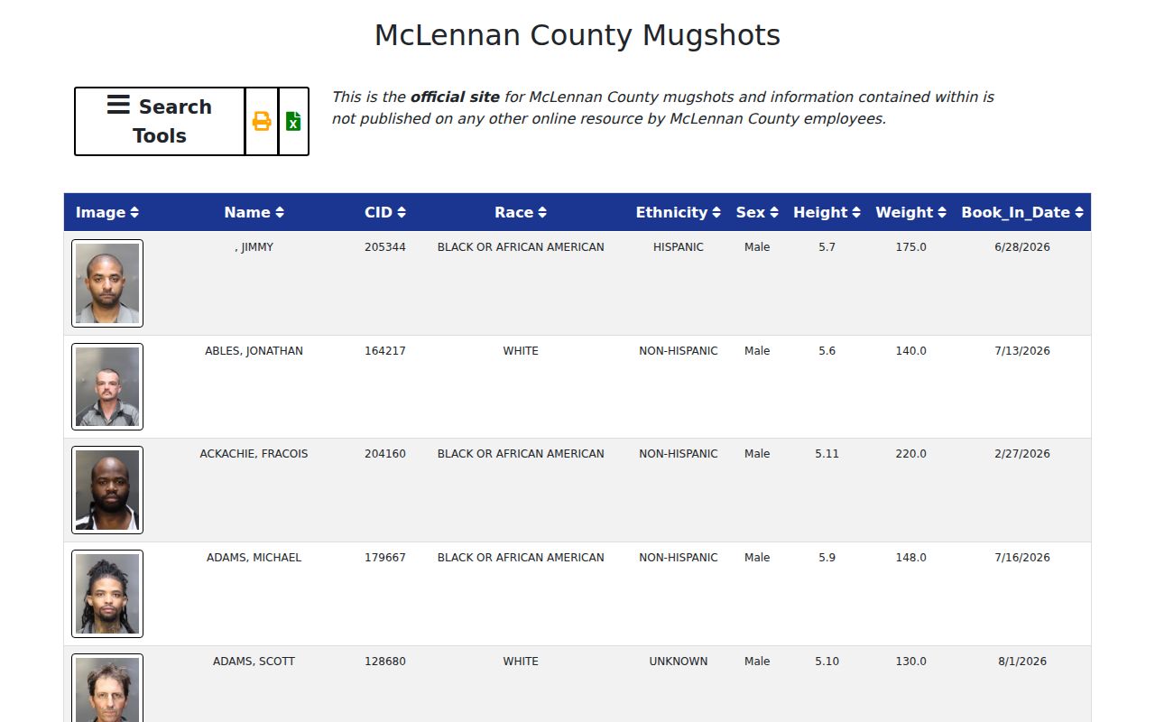 McLennan County arrest and booking record search controls