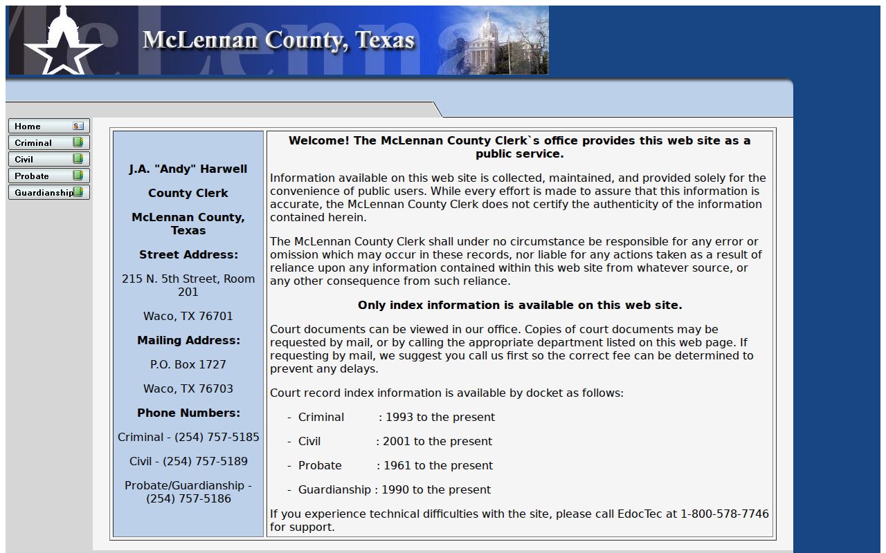 McLennan County misdemeanor criminal court record index